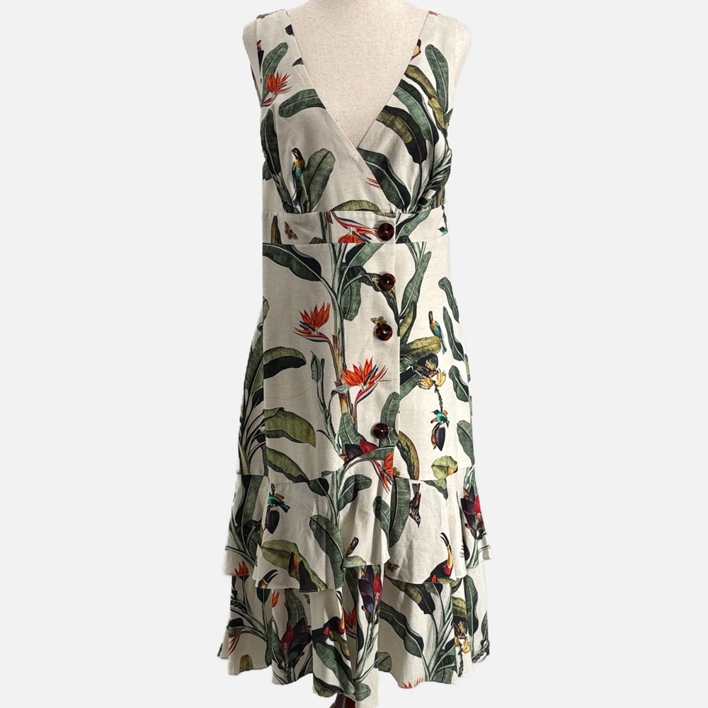 PatBO Tropical Jungle Bird Print Linen Blend Below Knee Dress | US 8